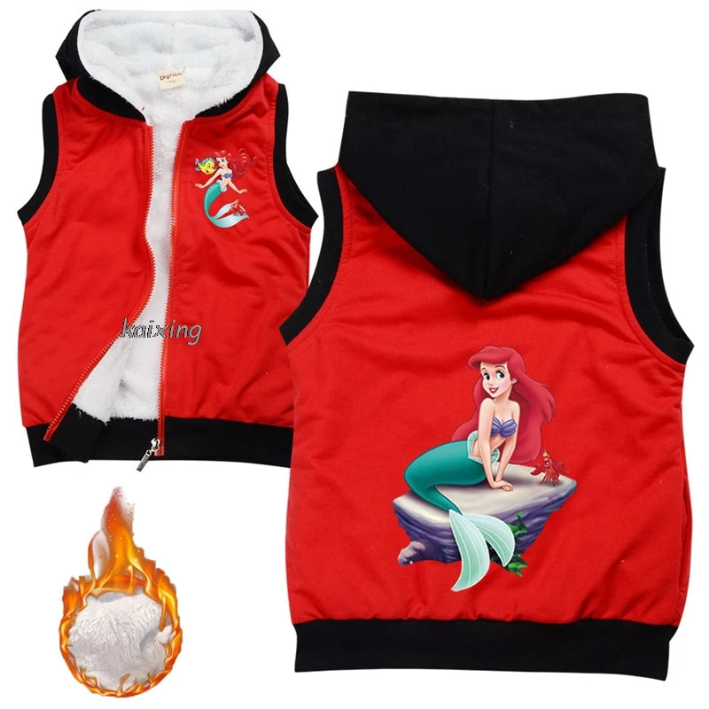 The Little Mermaid Ariel Children Vest Hoodes Sleeveless Jacket Winter Warm Baby Fur Waistcoat Outerwear Kids Girl Boy Clothes