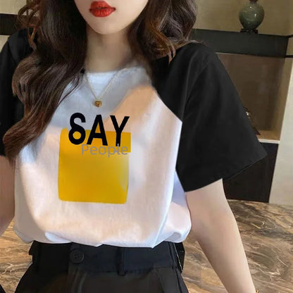 100% Cotton Color Block Short Sleeve T-shirt Women Spring/summer Loose Fit Versatile Top Trendy Women Clothing