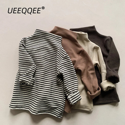 Autumn Winter Children T-Shirts 1-8Y Boy Girl Turtleneck Warm Striped Long Sleeve T Shirts Toddler Tops Tees Tshirt Kids Clothes