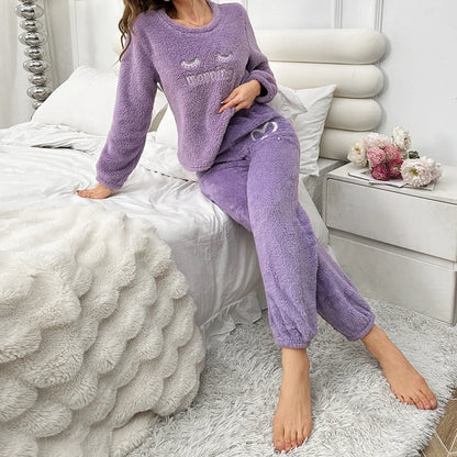 Purple Flannel Women Pajamas Sets Autumn Winter Long Sleeves Long Pants Casual Sleepwears Soft Pijamas Comfy Pyjamas Pjs Cozy Pj