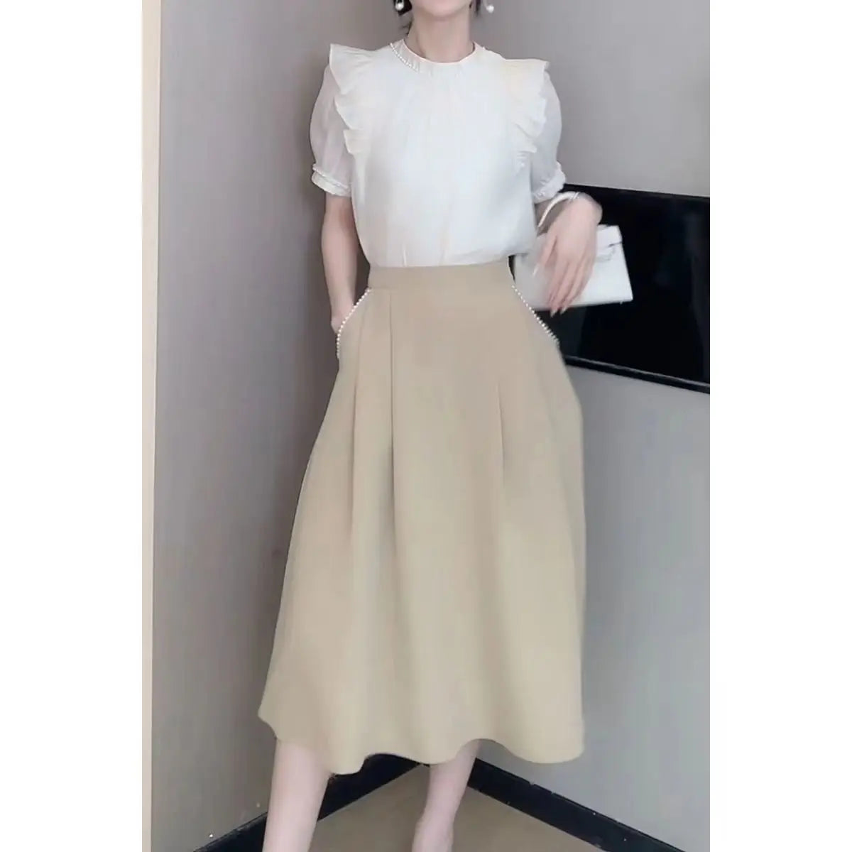 High-end Satin Gentleness Suit Women's Summer New French Stand-up Collar Panel Ruffle Top A-line Skirt Two-piece Set