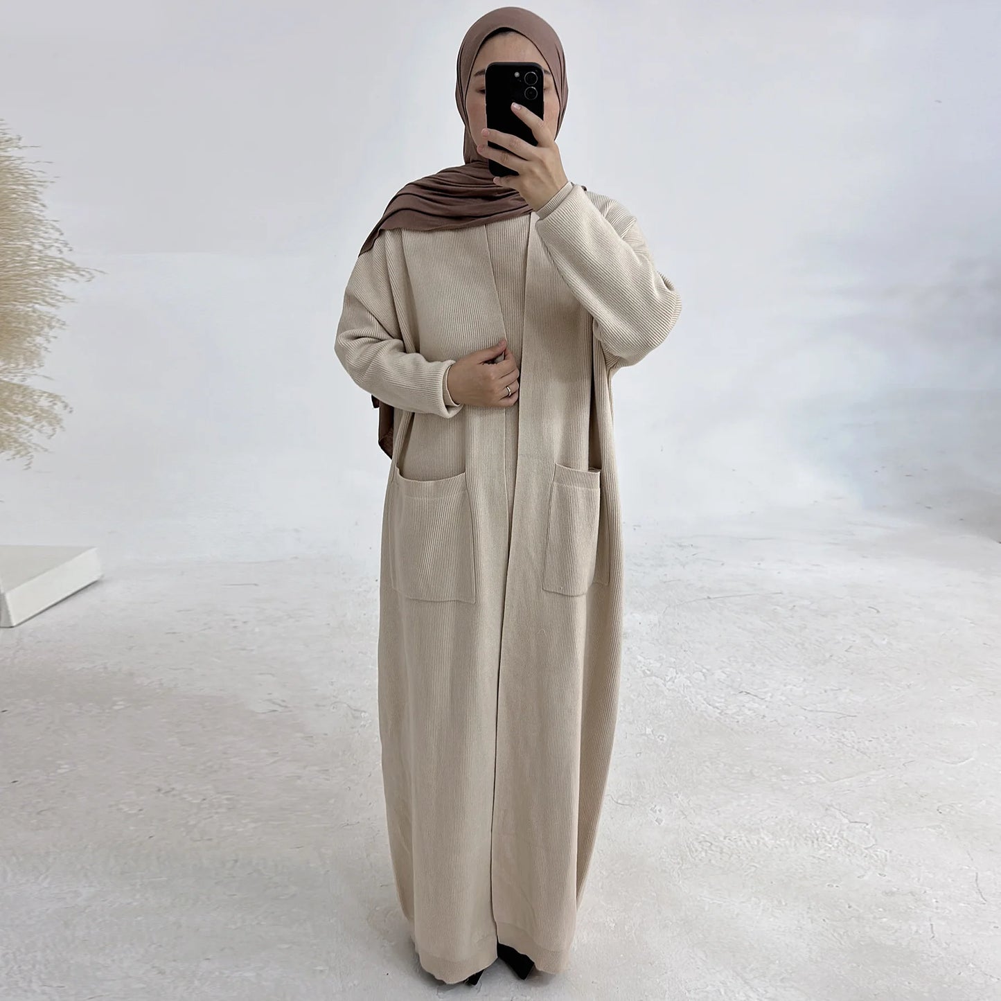 Winter Knitted Open Abaya 2 Piece Set Kimono + Sleeveless Dress Muslim Sets Warm Abayas for Women Dubai Luxury Islamic Outfits