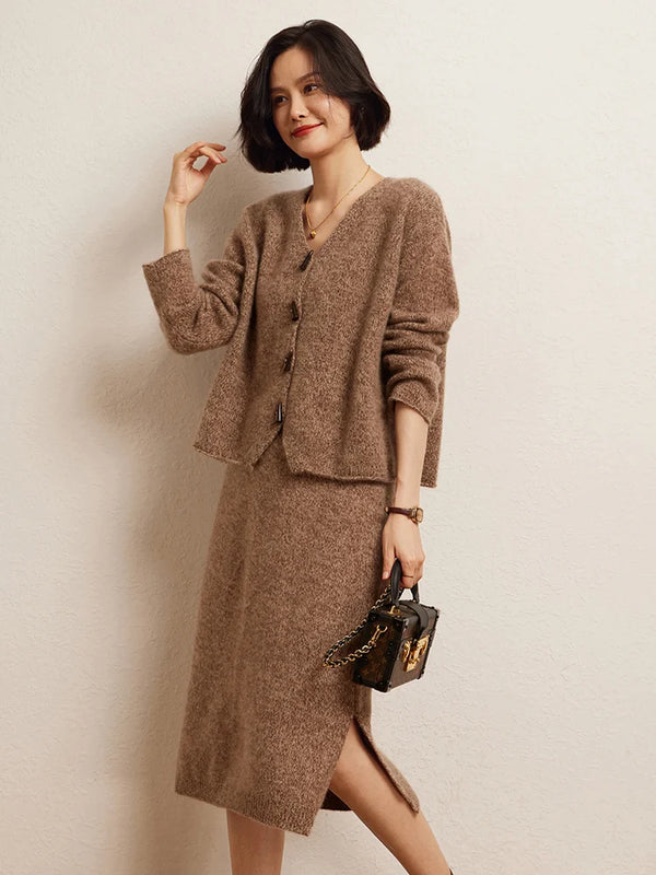 High-end Women's Set Suit 100% Goat Cashmere Knitted Cardigan Sweater and Skirt Two-Piece Spring Autumn Winter New Chic Clothing