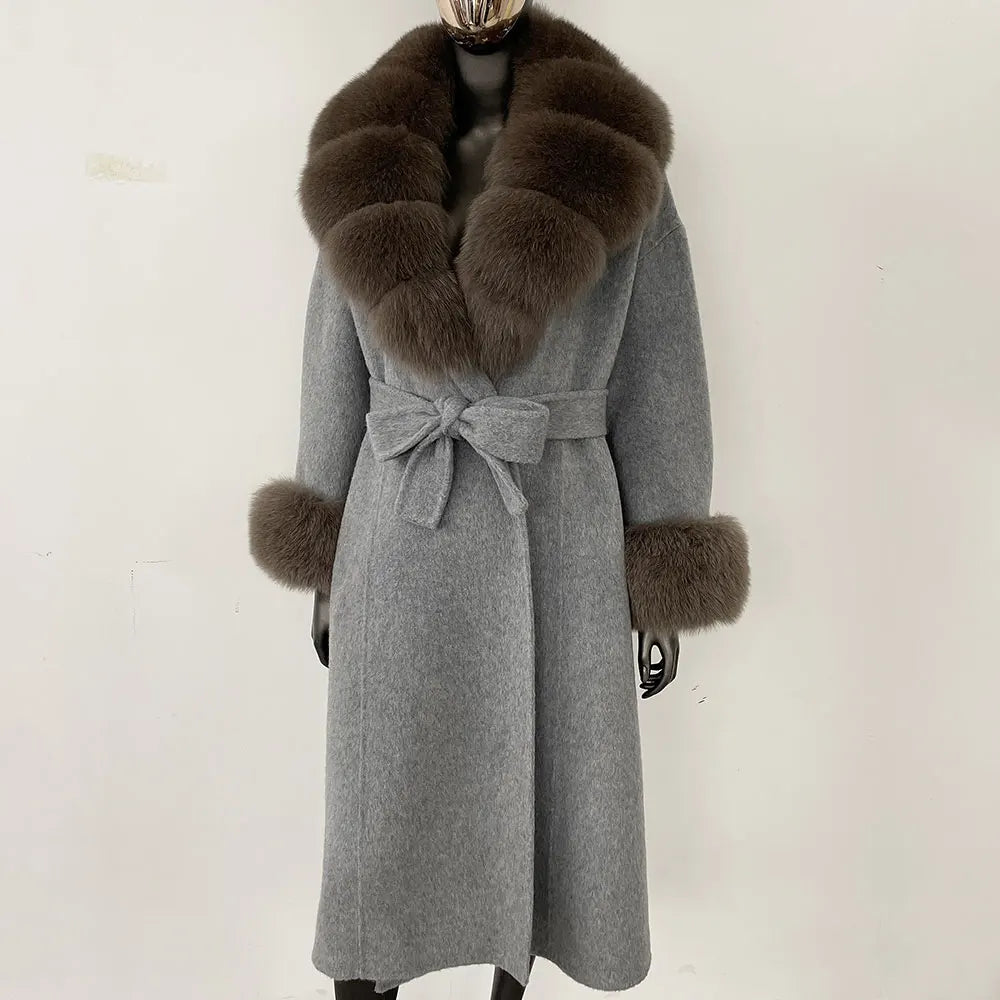 Wool Coat Women New Autumn Winter Real Fox Fur Jacket Female Long Warm Natural Fox Fur Collar Fur Cuffs