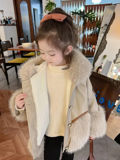 Jacket Kids Girls' Clothes Coat  Baby  Fashionable Fleece-Lined Leather Coat Little Party Coats ﻿New Girl Autumn and Winter Fur