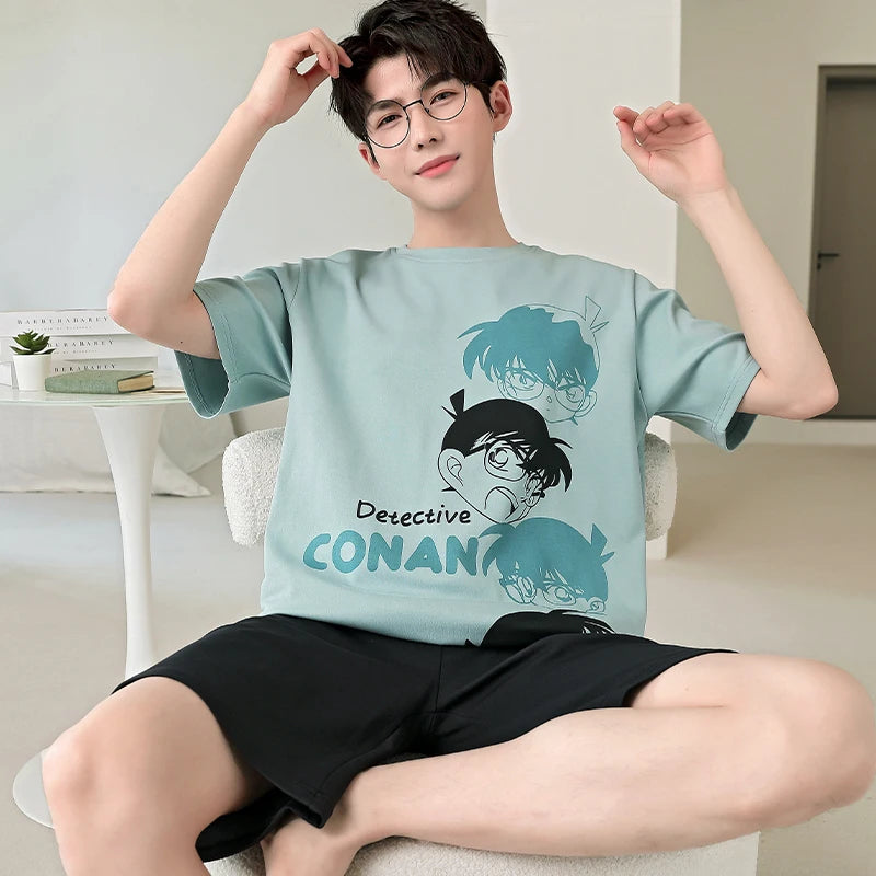 2025 Summer Men’s Sleepwear Cotton Cartoon Pajamas Sets For Man Short Loungewear Young Home Wear Fasion Student Pyjama Set Homme