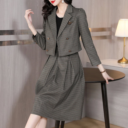 Autumn Female Two Piece Woolen Suit Jacket Set Winter Casual Print Evening Vintage Prom Women Elegant Bodycon Party Vestido