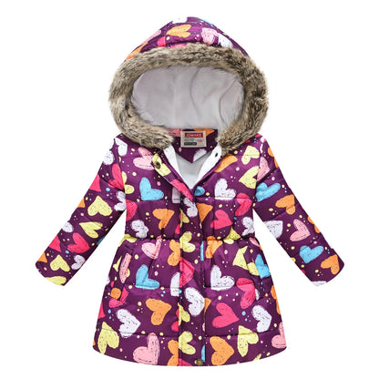 Autumn Winter Girls Jacket Keep Warm Fur Collar Fashion Prints Little Princess Coat Hooded Zipper Girls Outerwear Kids Clothes