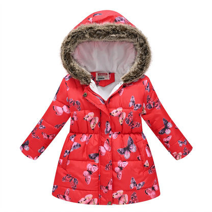 Autumn Winter Girls Jacket Keep Warm Fur Collar Fashion Prints Little Princess Coat Hooded Zipper Girls Outerwear Kids Clothes