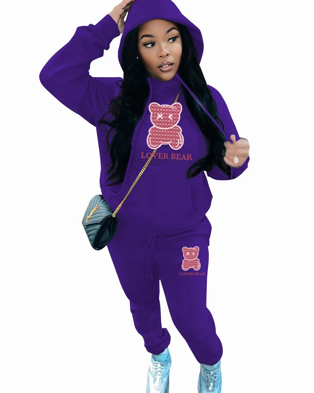 Lovely Bear Letter Print Kangaroo Pocket Tracksuit Set Long Sleeve Hoodie+Drawstring Trousers Women Two Pieces Matching Suits