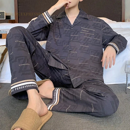 Spring Autunm Plus 5XL Knitted Pjs Turn-down Men‘s Pajama Sets Cardigan Male Pyjamas Plaid Loungewear Sleepwear Homewear Fashion