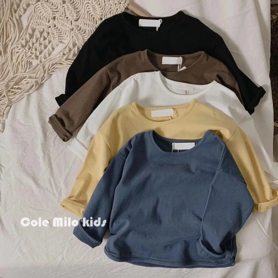 Autumn Winter Boy Girl Children Solid Long Sleeves Bottoming Shirt Kid Loose T-shirt Retro Baby Cotton Tops Toddler Casual Tees