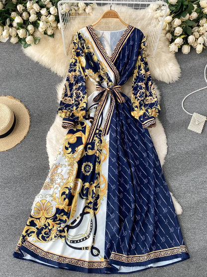 ZCWXM Spring Bohemian Women Maxi Dresses A-LINE Puff Sleeve V-Neck Long Rebe Female Fashion Evening Ankle-Length Dresses