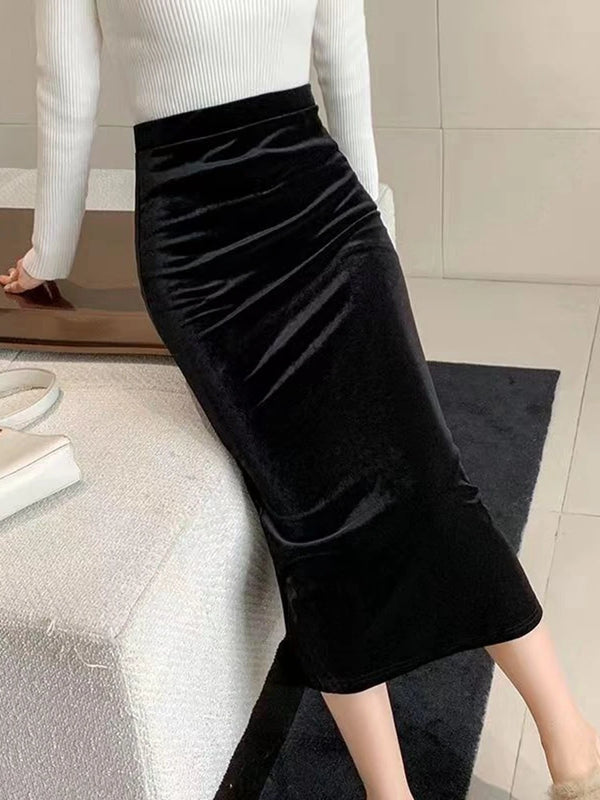 Elegant Velvet Black Long Skirts Women Autumn Winter High Waist Faldas Korean Fahion Clothing Office Ladies Bodycon Midi Skirt