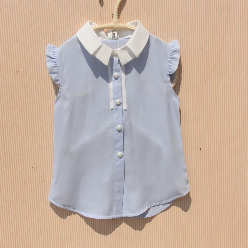 Korean Children Girls Shirts Summer Chiffon Cool Tops Teenage Girls Ruffle Blouse Kids Sleeveless Turn-down Collar Vest Shirts