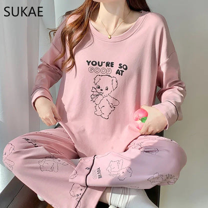 SUKAE Pink Puppy Printing Women Sleepwear Korean New Pajamas Set O-neck Long Sleeve Pijamas Autumn Spring Faux Cotton Nightwear