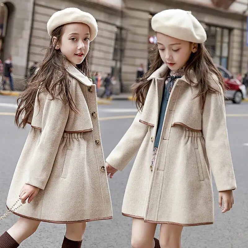 Winter Beige Thick Long Jackets Little Kid's Girls Coat Breasted Woolen Overcoat Cotton Trench Jackets Teenage Girl Coat 2-16Y