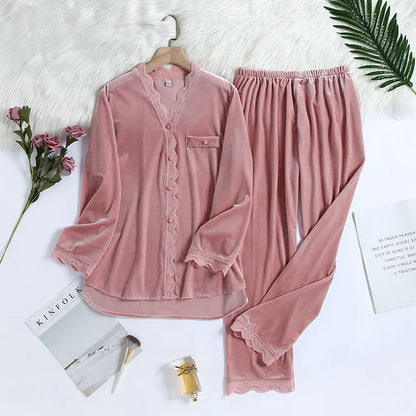 2PCS Velvet Pajamas Set For Women Sexy Female Velor V-neck Lace Homewear Autumn New Long Pant Pijamas Suit