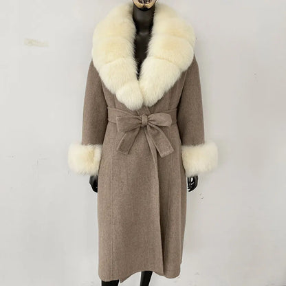 Wool Coat Women New Autumn Winter Real Fox Fur Jacket Female Long Warm Natural Fox Fur Collar Fur Cuffs