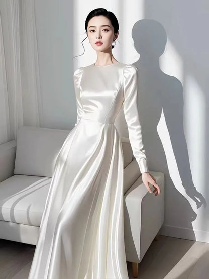 Autumn Elegant Satin Women's Long Sleeve Dress Round Neck White French Midi Skirt Women's A-Line Evening dresses N1013-1