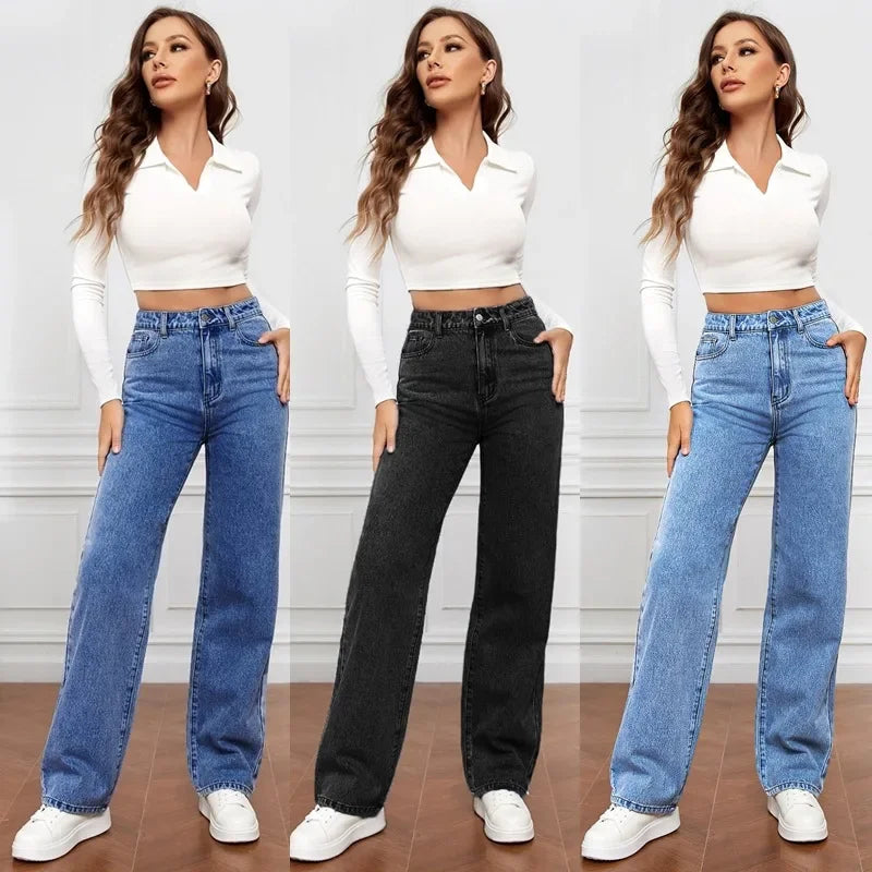 Women Jeans Straight Pants Denim Washing High Waist Loose Fit Pockets Basics Ankle Length Pants Solid Color Slight Strech