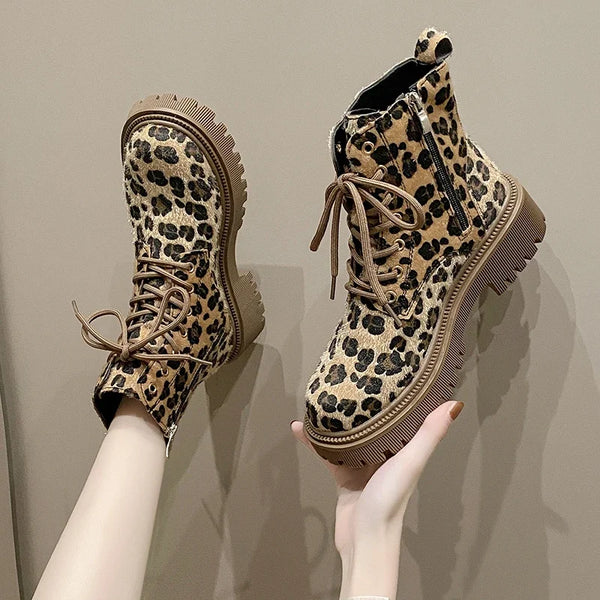 Shoes for Women 2025 Fashion Lace Up Women Boots Winter Round Toe Leopard Print Short Barrel Chunky Heels Zipper Plus Size Boots