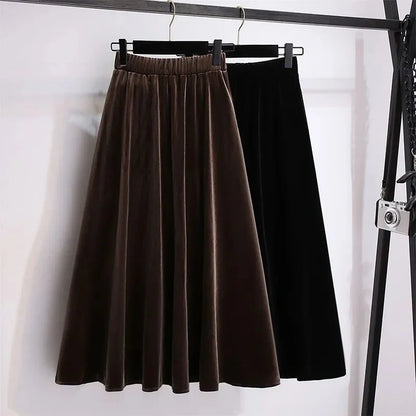 Women Large Size 4XL A-line Long Skirts Autumn Winter Ladies High Waist Skirt New Female Golden Velvet Maxi Skirt