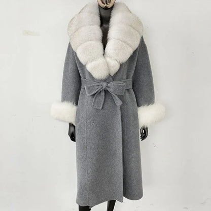 Wool Coat Women New Autumn Winter Real Fox Fur Jacket Female Long Warm Natural Fox Fur Collar Fur Cuffs