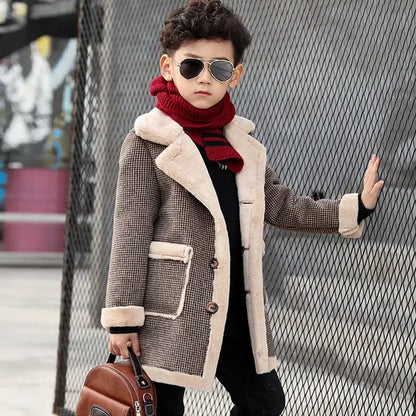 2025 Children Casual Woolen Coat Fall Winter Boys Handsome Plush Velvet Heavy Outerwear Clothes Kids Splicing Pocket Trench Coat