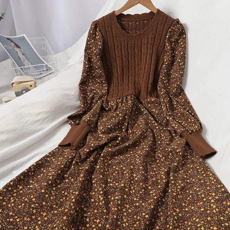 Autumn Winter New Korean Patchwork Bandage Long Sleeved Knitted Dress Women's Fashion Slim Sweet Corduroy Flower Dresses