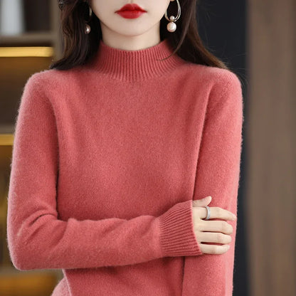 Autumn Winter Women Sweater Korean Fashion Warm Bottoming Shirts Half High Collar Basic Knitwear Solid Long Sleeve Pullovers