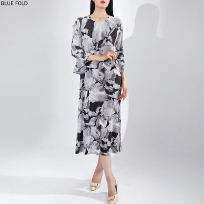 Women's Autumn Fashionable Large Size Suit High-end Printed Shawl Outer Dress MIYAKE Pleated Two-piece Set Dress Sets Elegant