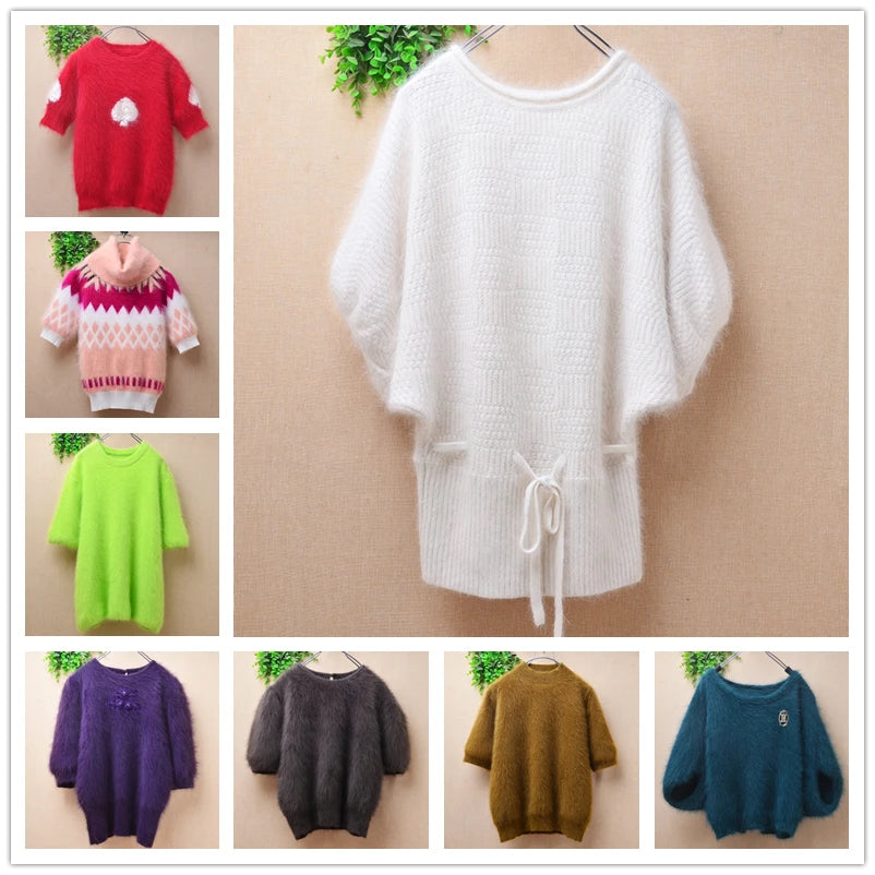 Ladies Women Fall Winter Clothing Hairy Angora Rabbit Hair Knitted O-Neck Short Sleeves Slim Blouses Pullover Jumper Sweater