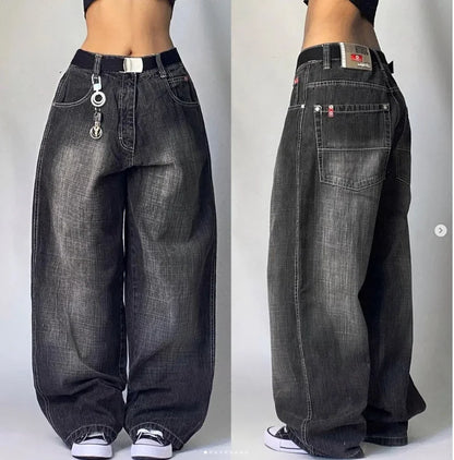 New American Harajuku Retro Straight High Waist Y2K Street Style Women Washed Blue Pockets Baggy Jeans Gothic Wide Pants