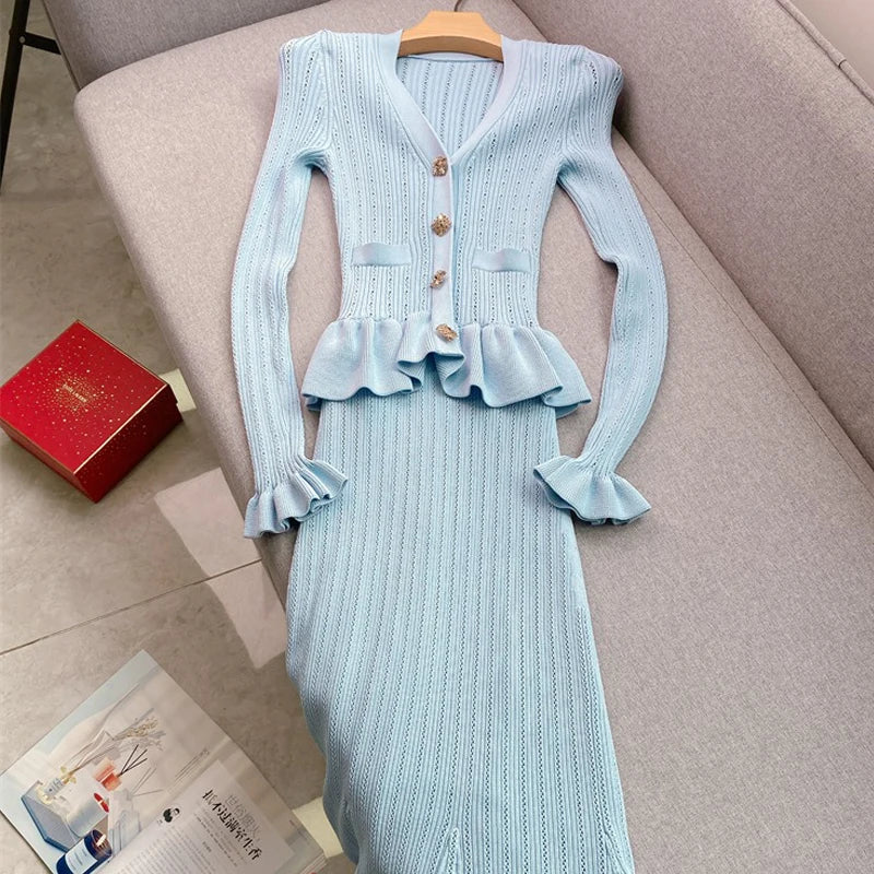 YuooMuoo Brand Fashion One-piece Knitted Maxi Dress Women Elegant V-neck Ruffled Slim Waist Bodycon Sweater Dress Party Vestido