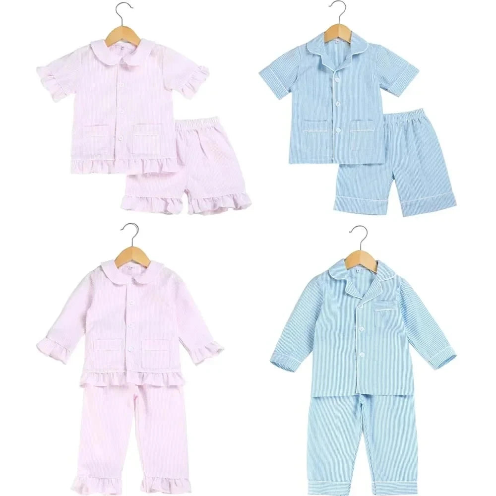 2025 Seersucker 100% Cotton Stitch Kids Pajamas Sets Loungewear Summer Pijamas Sleepwear Toddler Boys Pyjamas Baby Girl Clothes