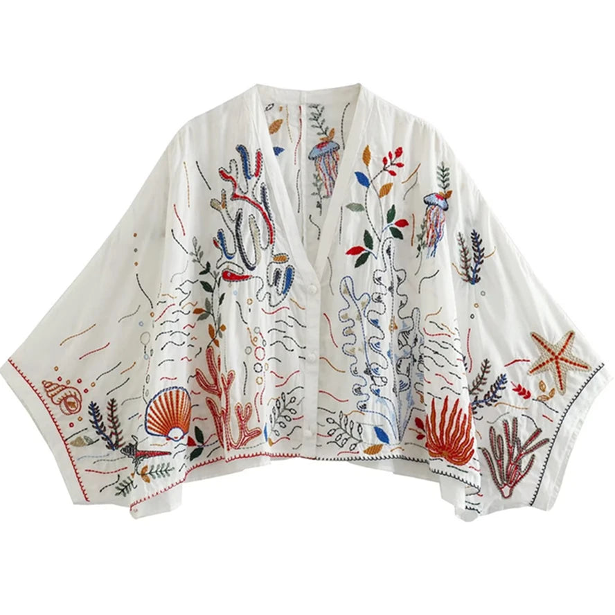 Maxdutti Moroccan Bohemia Women Blouse Retro Cotton Top Bat Sleeve Loose Kimono Embroidered Shirt