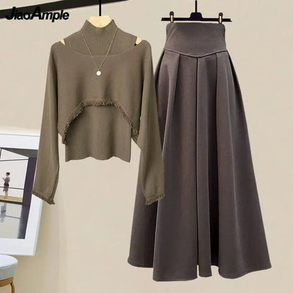 2025 Spring Autumn New Korean Elegant Knit Tassel Cover Up+Half High Collar Bottom Sweater+Midi Skirt 3 Piece Women Dress Suit