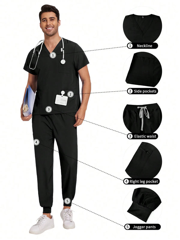 Short Sleeve Mens Scrubs Uniforms Doctor Work Clothes Dentist Set Scrubs Tops Pants Men Hospital Nurse Work Wear Lab Pharmacy