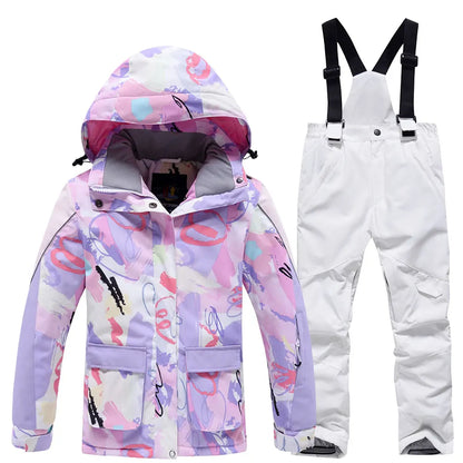 Fashion Printed Skiing Jacket + Bib Pants Snowsuits 2-Piece Boys Girls Hooded Winter Warm Windproof Snowboarding Wear