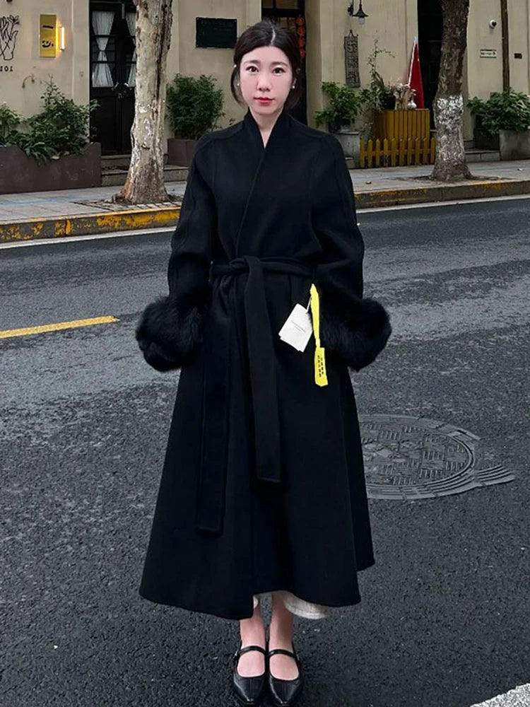 2025 Vintage Wool Blend Coat With Belt Long Women's Elegant Warm Coat Women's Winter Clothes Fashion Outerwear Trench Coat