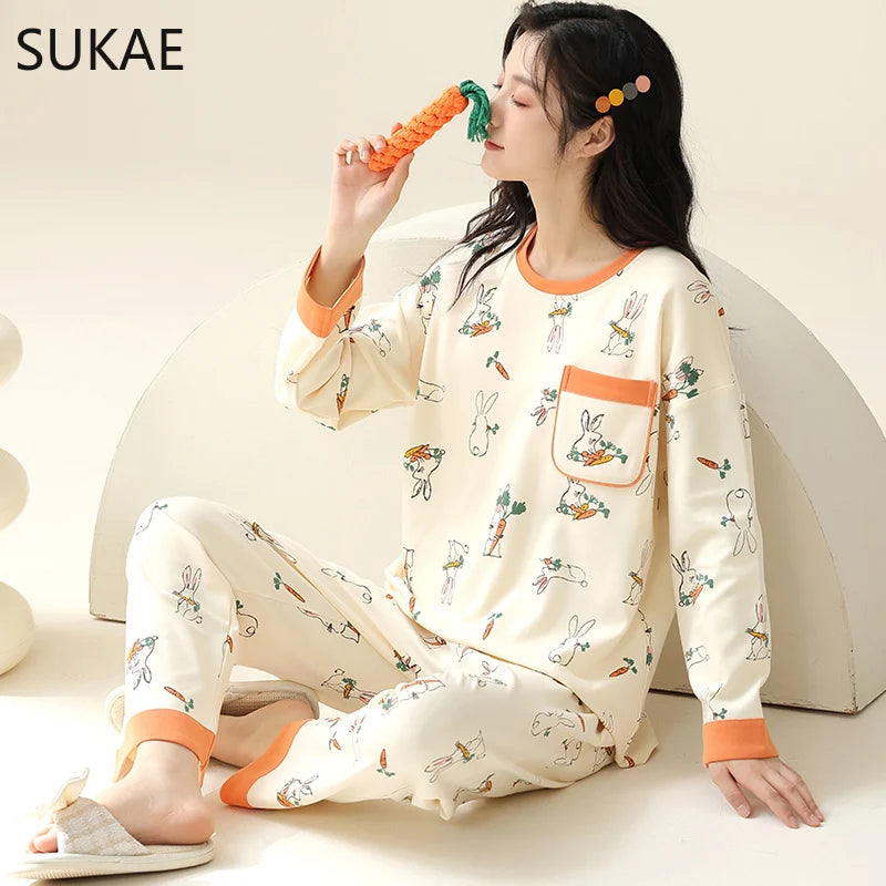 SUKAE M-5XL Big Size Women Pajama Set Autumn Winter New Cotton Long Sleeves Woman Sleepwear Casual Girl Pijama Cartoon Nightwear