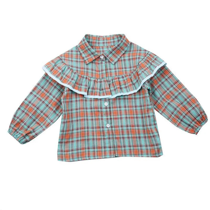 Spring Autumn New Plaid Harajuku Kawaii Girls Blusa Fashion Blouse All Match Chic Children's Shirt Flounce Long Sleeve Kids Tops