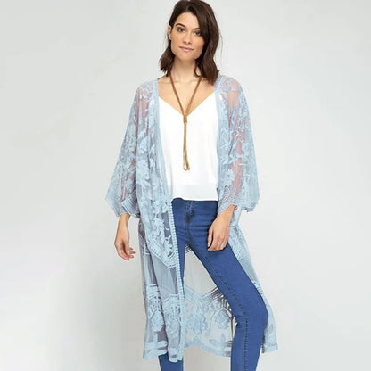 Women's Flowy Bathing Suit Kimono Cardigan Lace Crochet Swimwear Floral Cover Ups