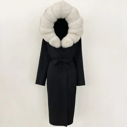 Real Natural Fox Fur Coat Winter Hooded Detachable Collar Fur Jacket Long Woolen Jacket Women Double-faced Casual Overwears