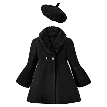 Kids Girls Trench Coat Long Sleeve Furry Collar Warm Peacoat with Beret Hat Set Windproof Jacket Outerwear for Casual Wear