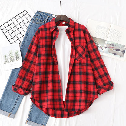 New Fashion Loose Womens Plaid Shirt Fresh College Style Design Blouses And Tops Long Sleeve Casual Female Checked Clothes