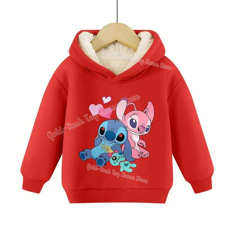 Lilo&stitch Children Hoodie Winter Thicken Warm Pullover Sweatshirt Street Sweater Girl Boy Outdoor Sports Kid Hooded Clothes