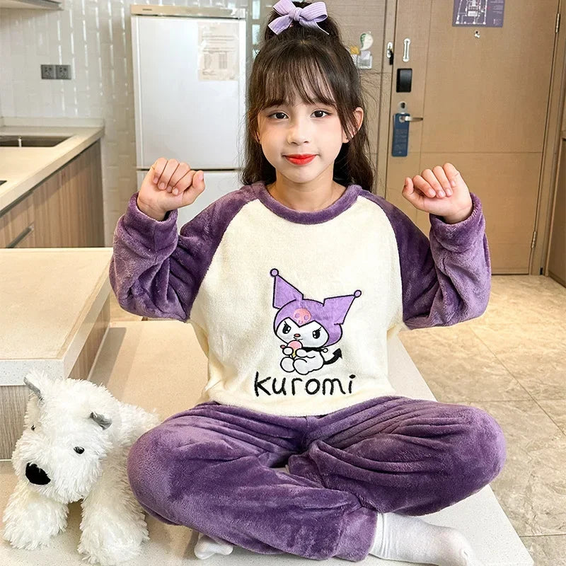 2025 Autumn Winter Flannel Children Pajama Sets Miniso Anime Cartoon Boy Girl Warm Sleepwear Cute Pijama Kids Homewear Clothes