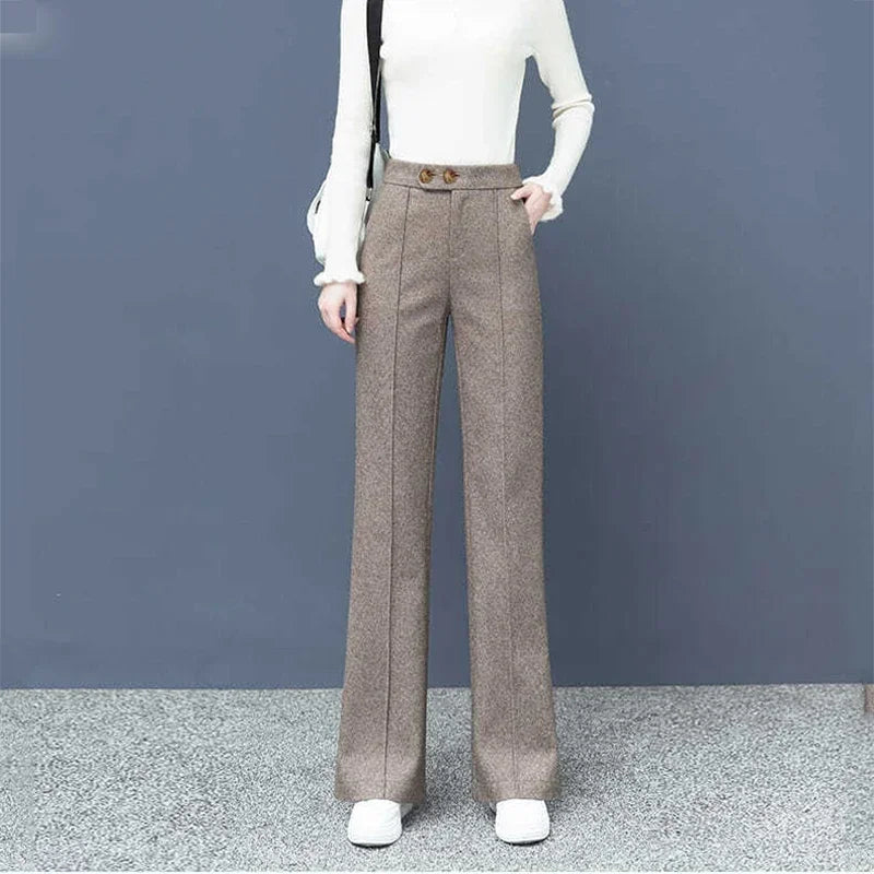 Thick Wool Blend Straight Pants Korean style Woolen Wide Leg Pants Womens Winter Casual New High Waist Loose Trousers